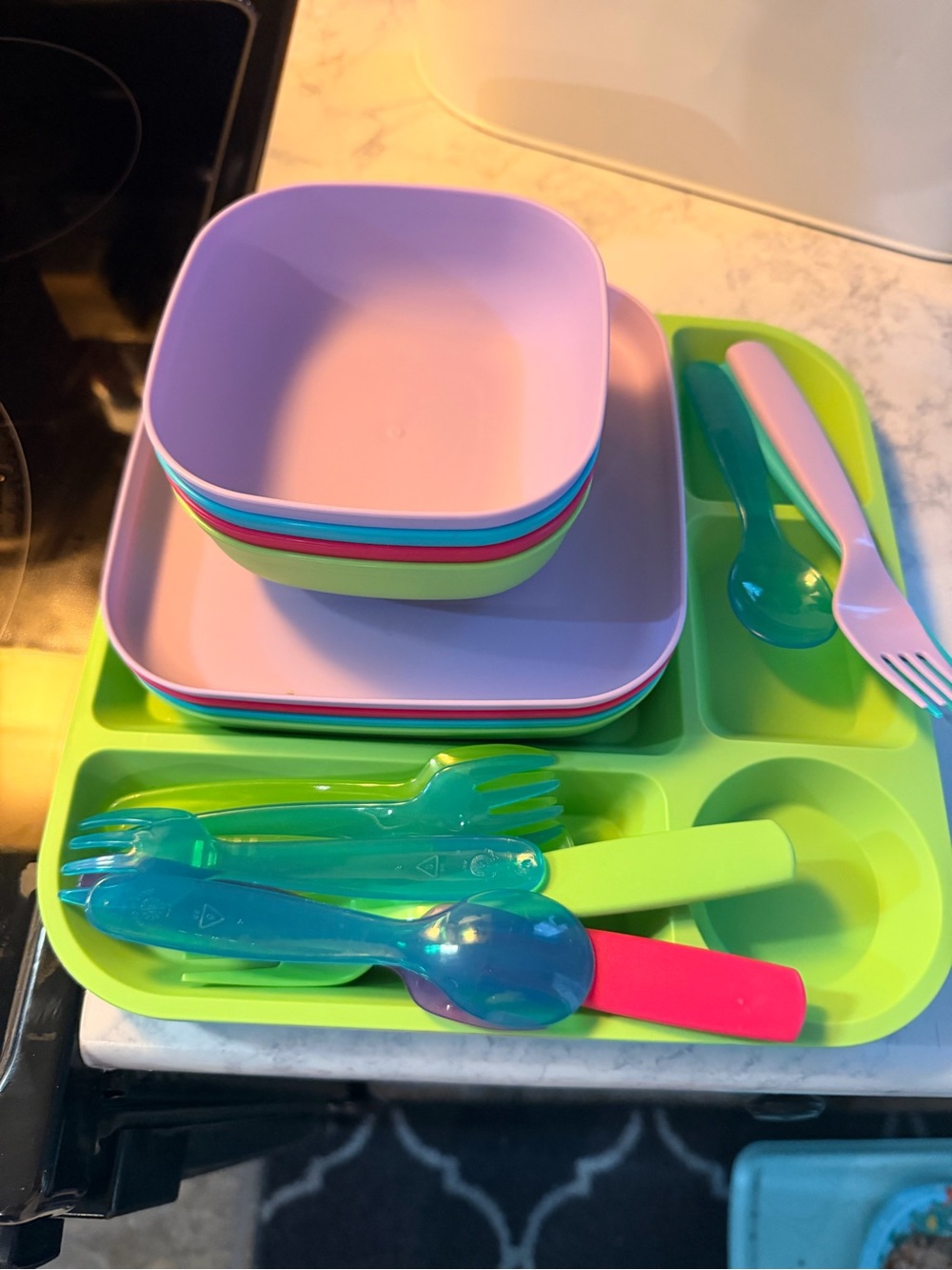 Multi-Color Kids Dinnerware Set - Pastel Plates, Bowls & Utensils